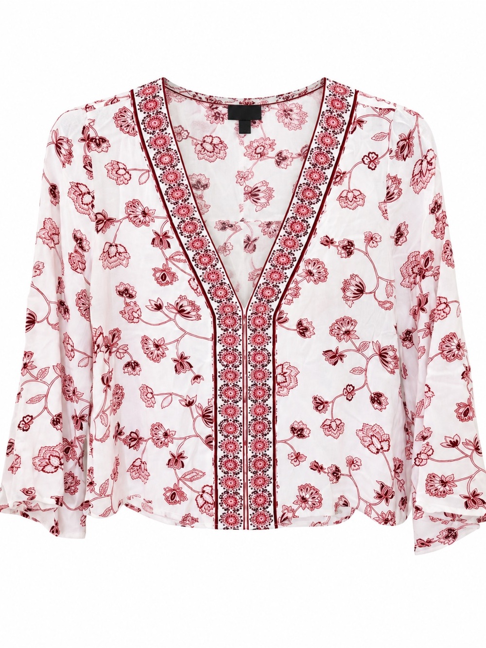 Forever 21 White V-Neck Floral Blouse with Pink Embroidery